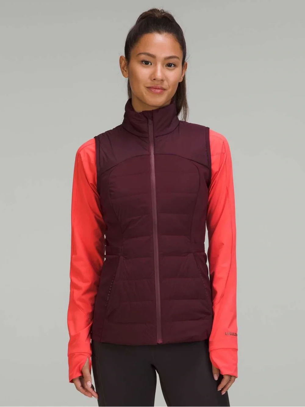 Lululemon Quilted Down Puffer Full Zip Sleeveless Mock Neck Vest Burgundy Red